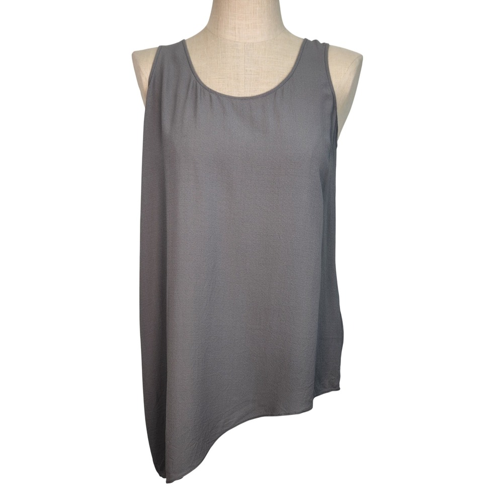 EILEEN FISHER Crepe Silk‎ Side Drape Tunic Tank Pewter Gray L Lightweight